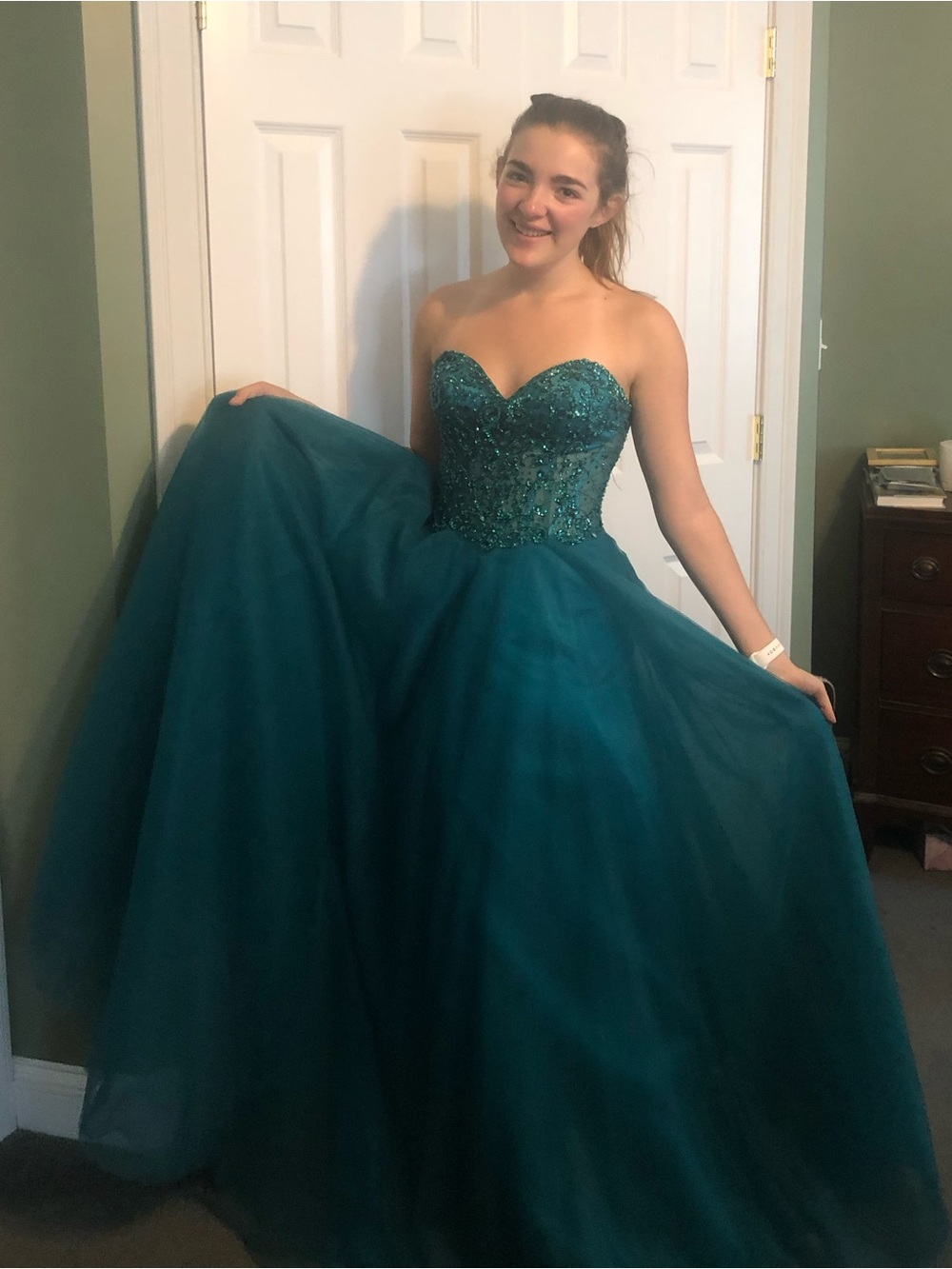 Teal Strapless Beaded Ball Gown